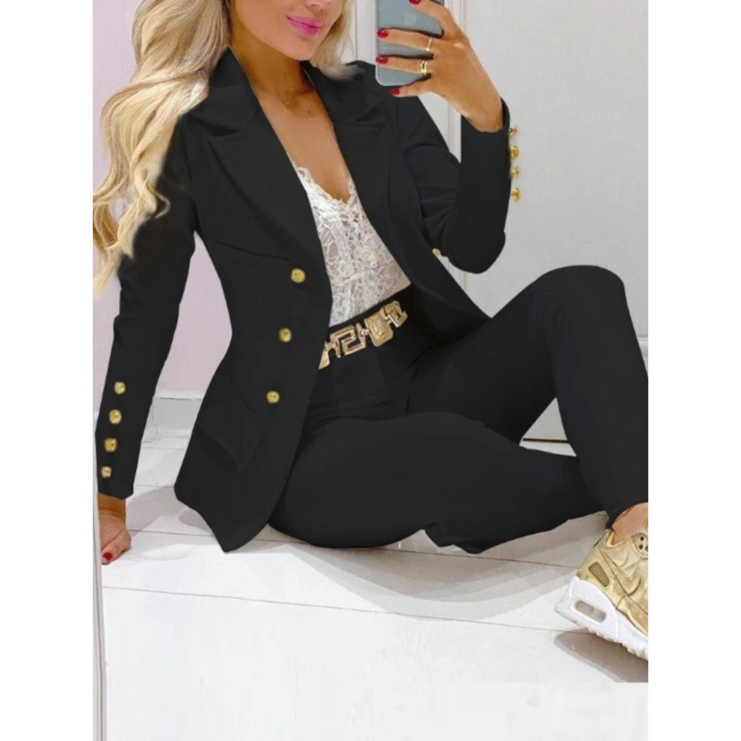 Dam Blazer med Stor Krage och Byxor i Polyester-4