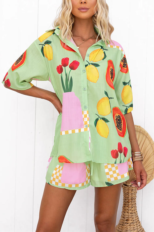 Dam Blus och Shorts Set med Tryck och Knäppning i Bomull och Polyester-4