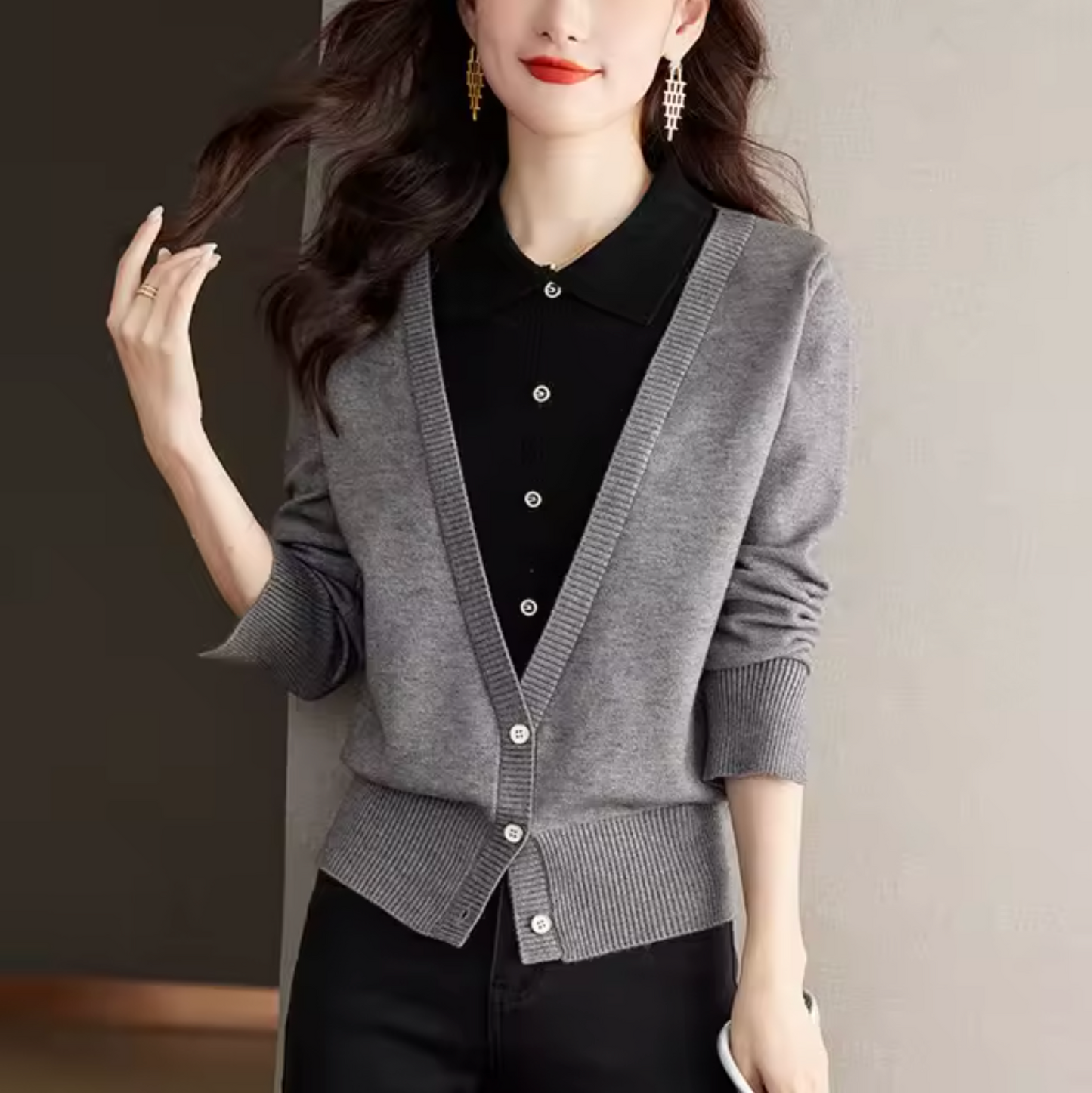 Dam Topp med Krage Mjuk Stickad Fiber Lång Ärme-3