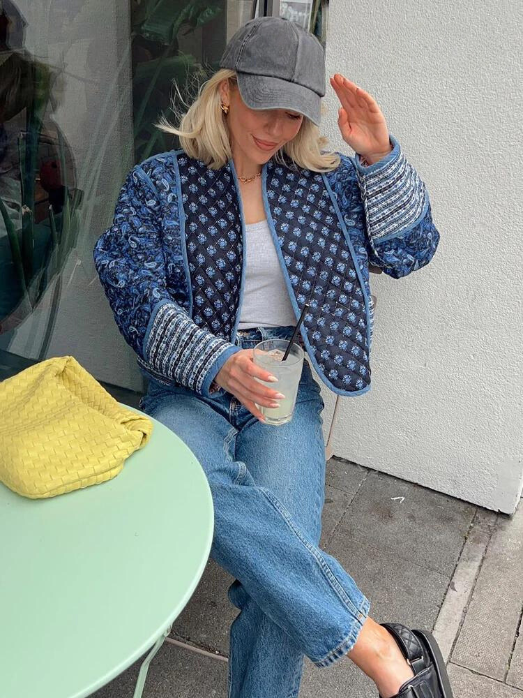 Dam Blazer Vintage Blommönster Högkvalitativt Tyg-2