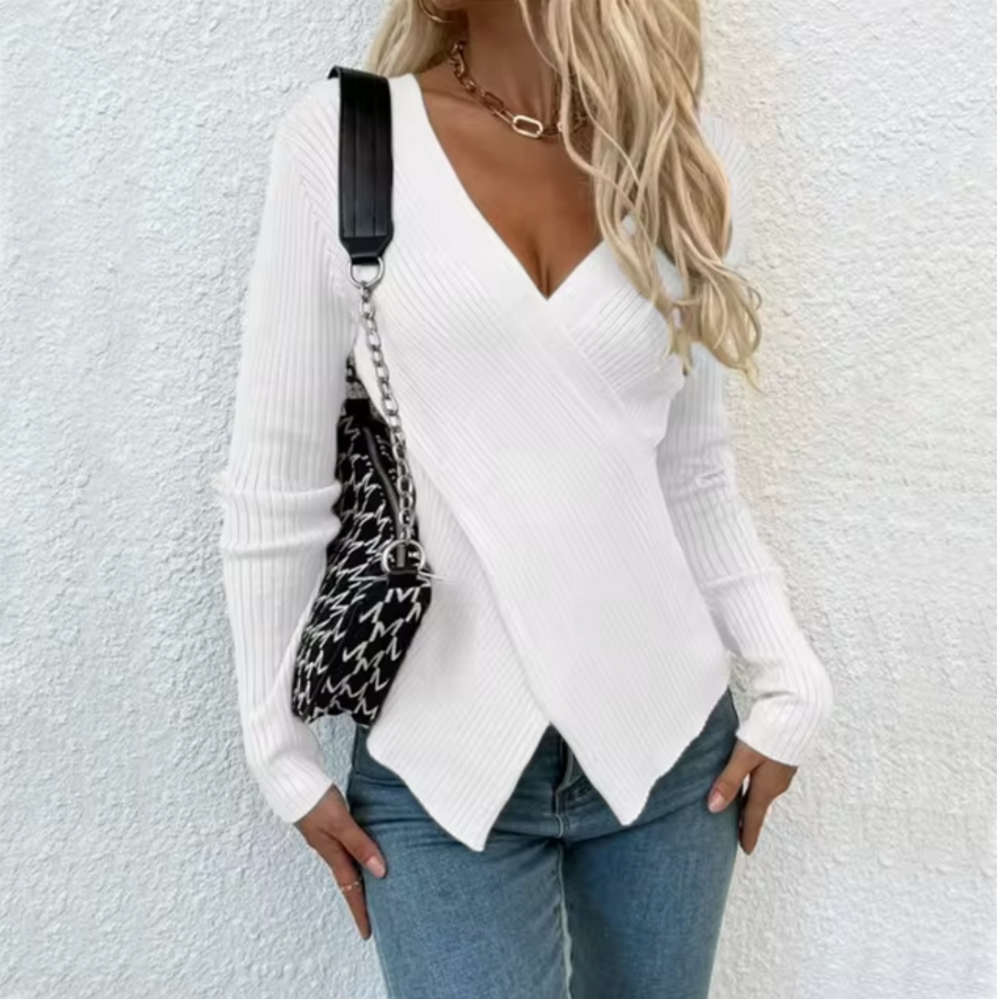 Stickad Dam Tröja Wrap Design Mjuk Material-4