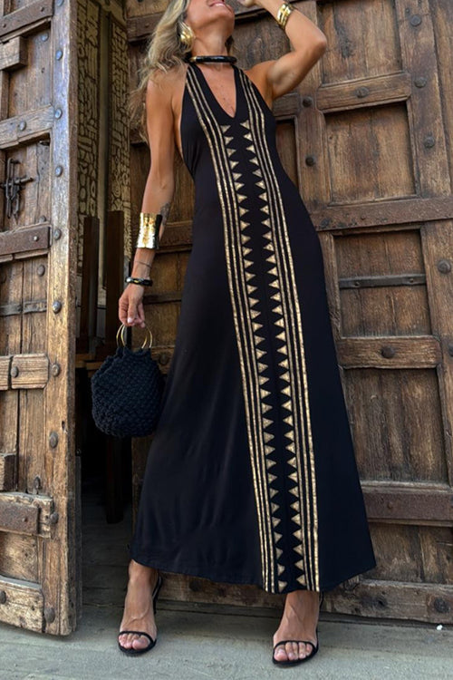 Lång Klänning Dam Maxi Klänning Öppen Rygg Halter Design Bomull Polyester-4