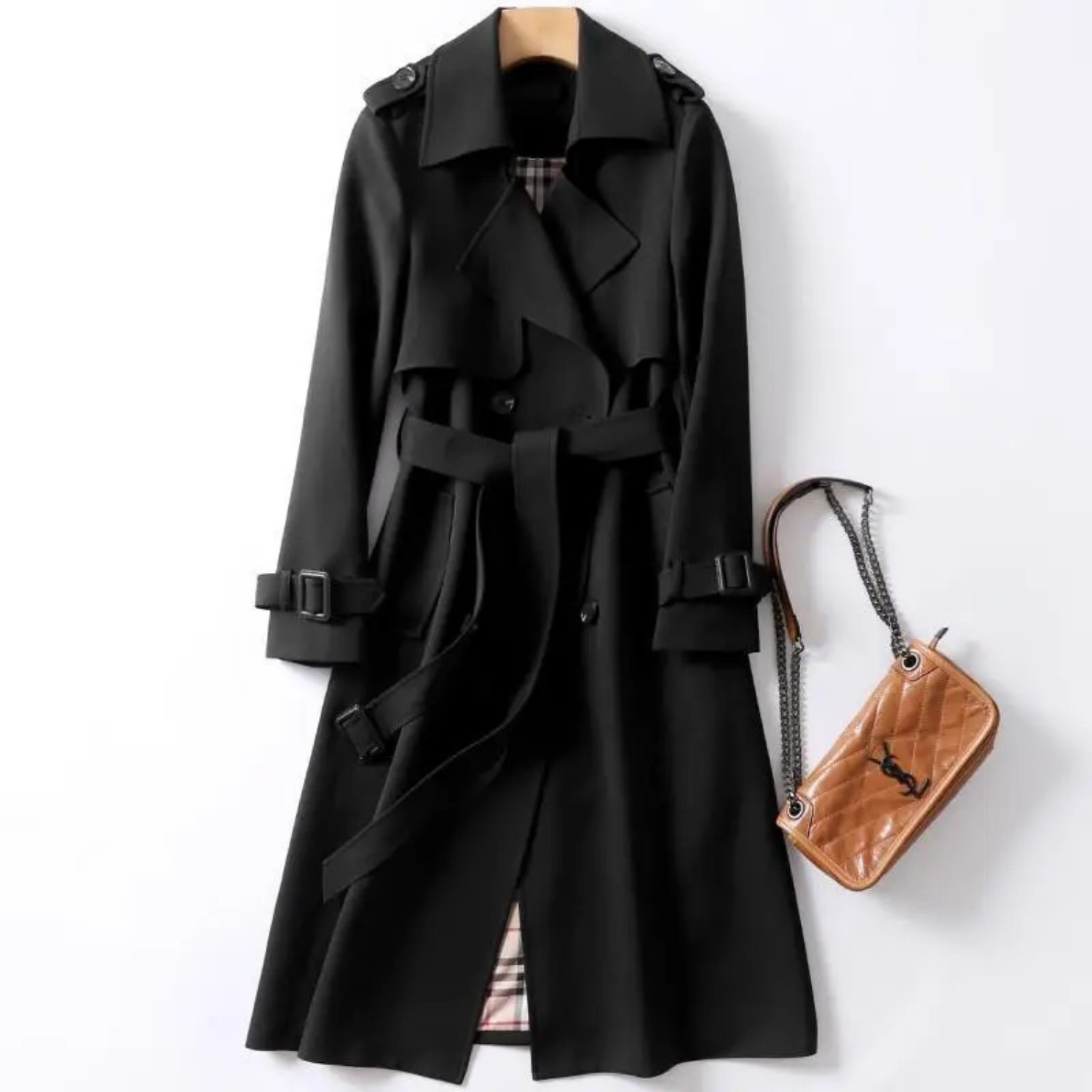Dam Lång Trench Kappa med Spetsar Polyester-2
