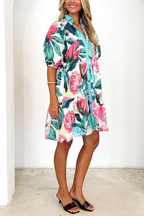 Kvinna Mini Klänning Blommönster Rüschchen Bomull Polyester-4