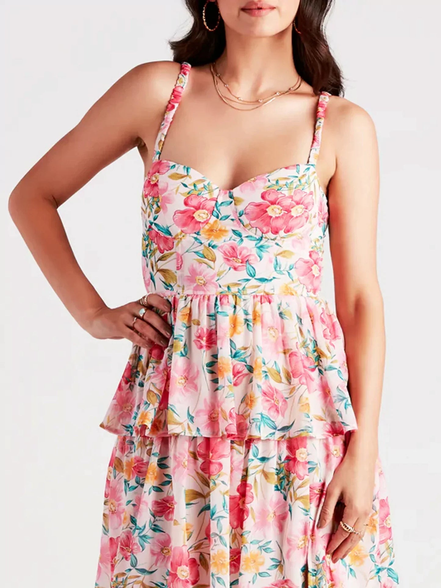 Kvinnlig Klänning med Ruffles Blommönster Högkvalitativt Tyg Slits-4