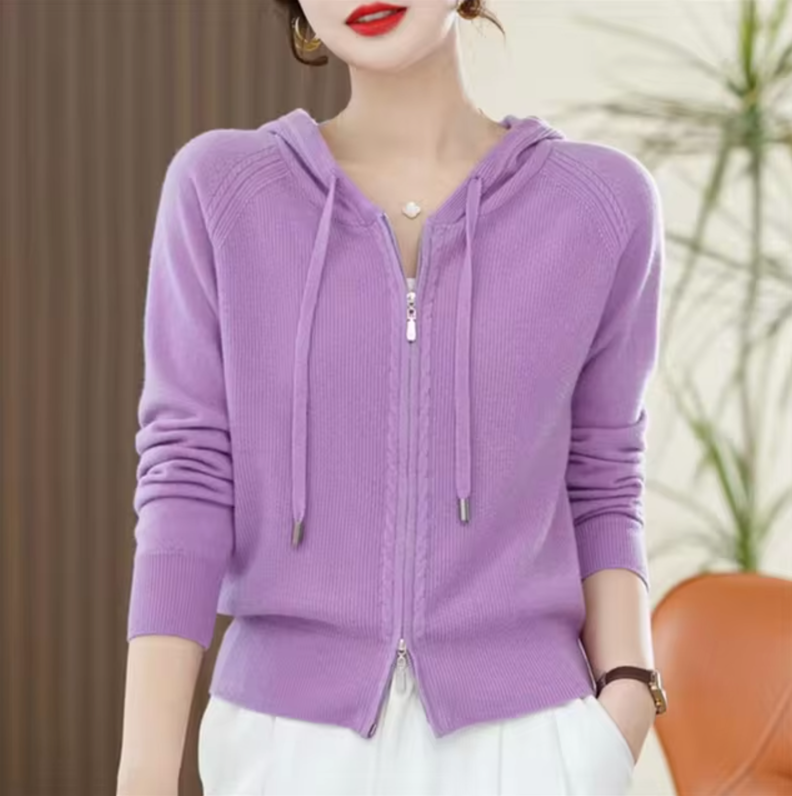 Dam Hoodie Stickad Kashmirmix Avslappnad Passform-4