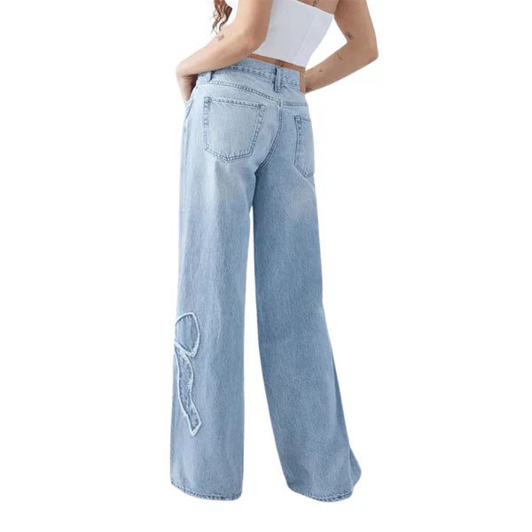 Damjeans Hög Midja Breda Ben Vintage Denim med Hjärtlapp-3