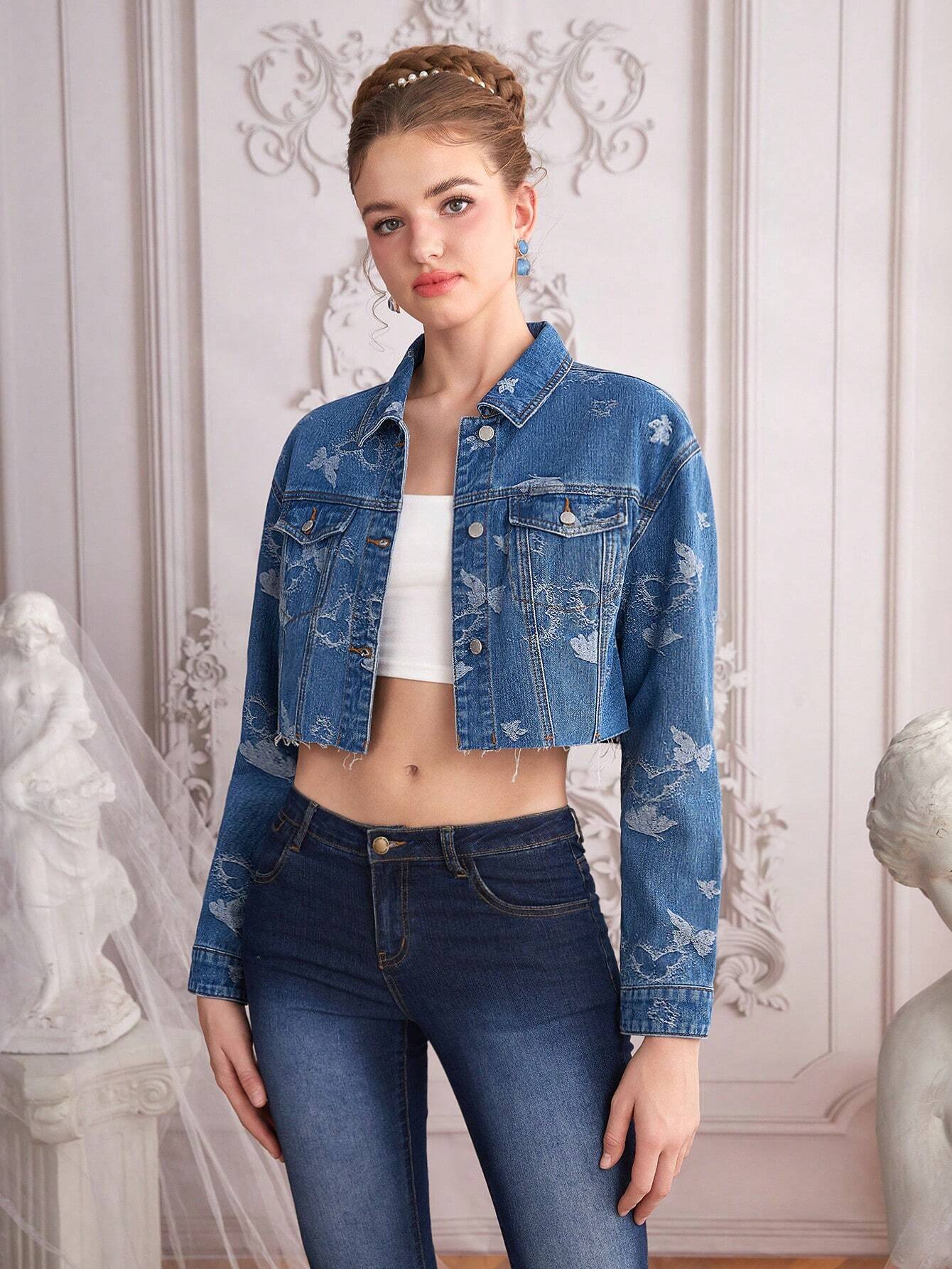 Damjacka Kort Jacquard Denim med Loopdetaljer-1