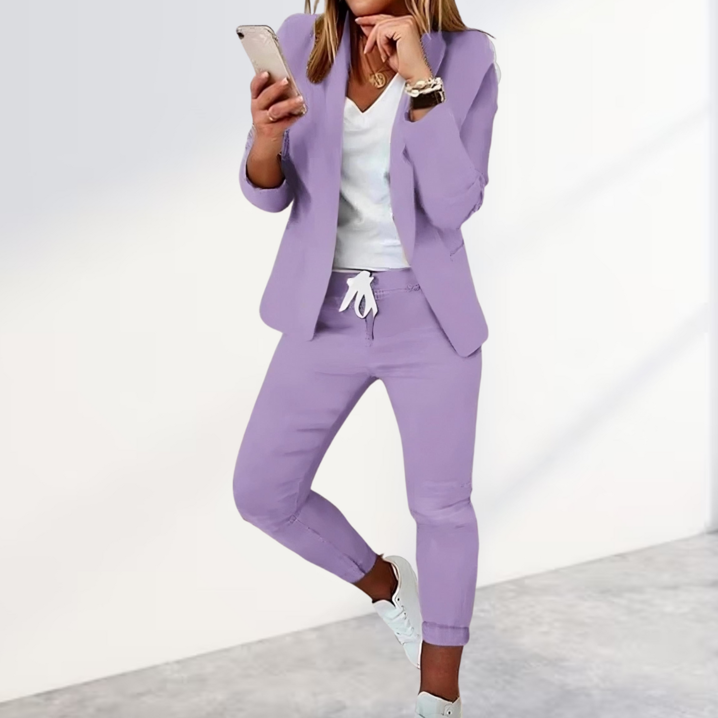 Kostym Set Dam Elegant Blandat Tyg Blazer och Byxor 9