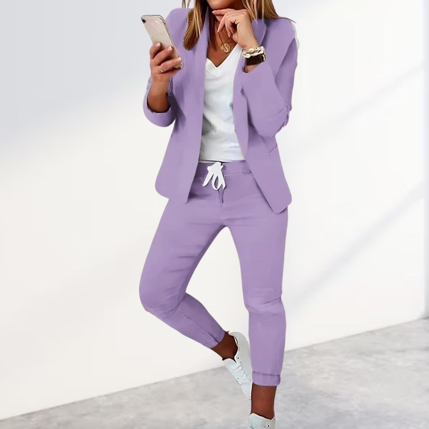 Kostym Set Dam Elegant Blandat Tyg Blazer och Byxor 9