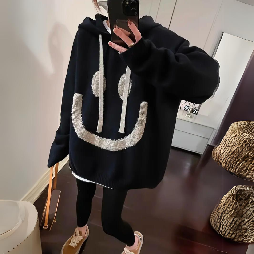 Dam Hoodie Smiley Tryck Mjukt Material 4