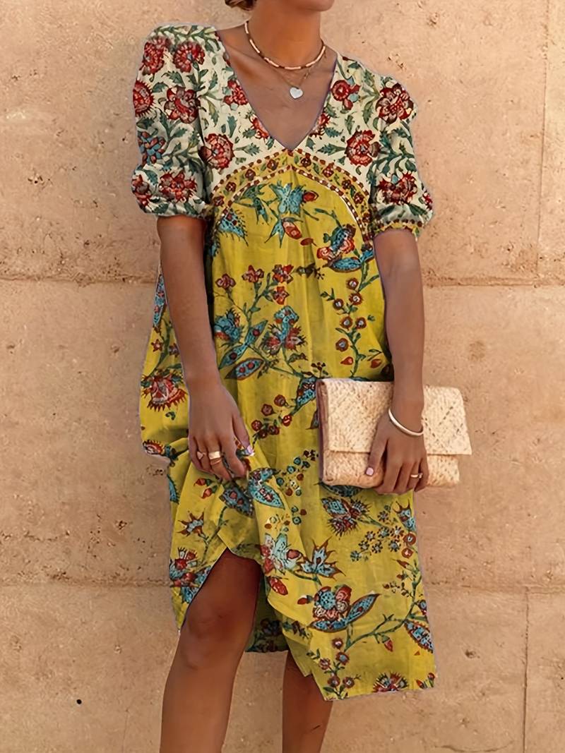 Dam Blusklänning Puffärmar Flerfärgad Polyester 6