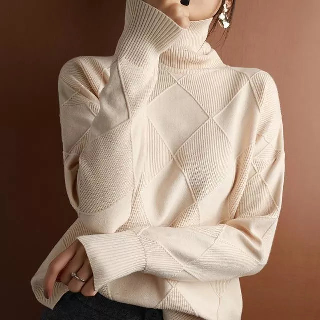 Stickad Dam Turtleneck Tröja i Löst Passform av Cashmere - Mjuk och Trendig för Höst och Vinter 11