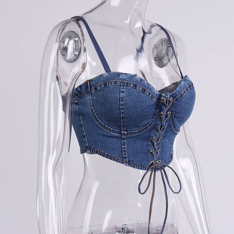 Dam Bustier Kort Denim med Spetsdetaljer-4