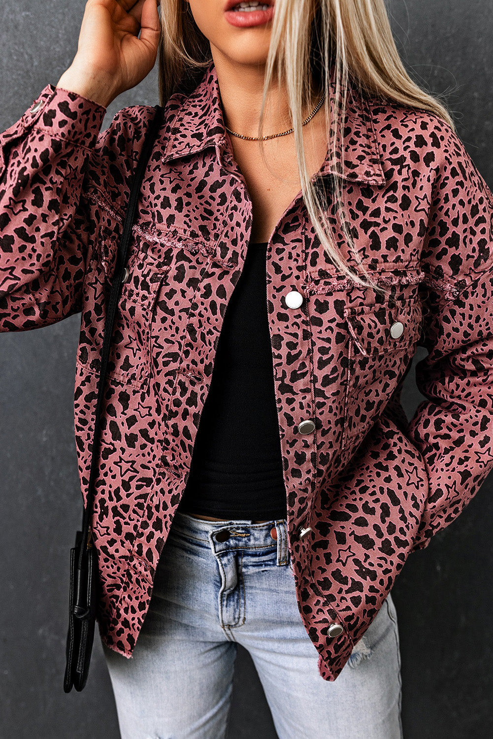 Variant image for Jeansjacka Dam Leopardmönster Avslappnad Bomull-4