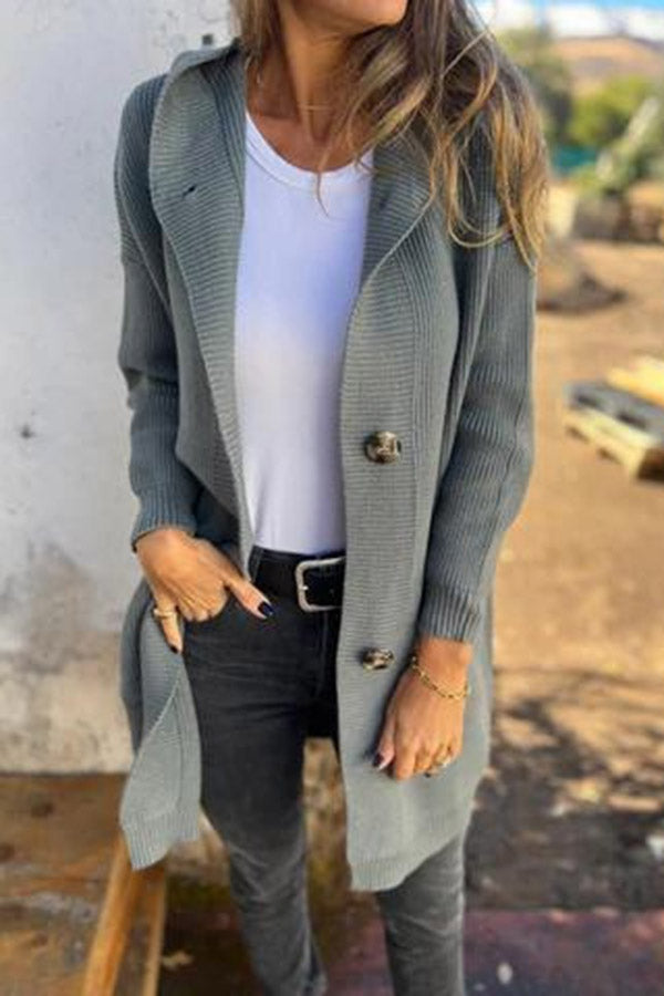 Kvinna Lång Kofta Stickad Design med Huva-2