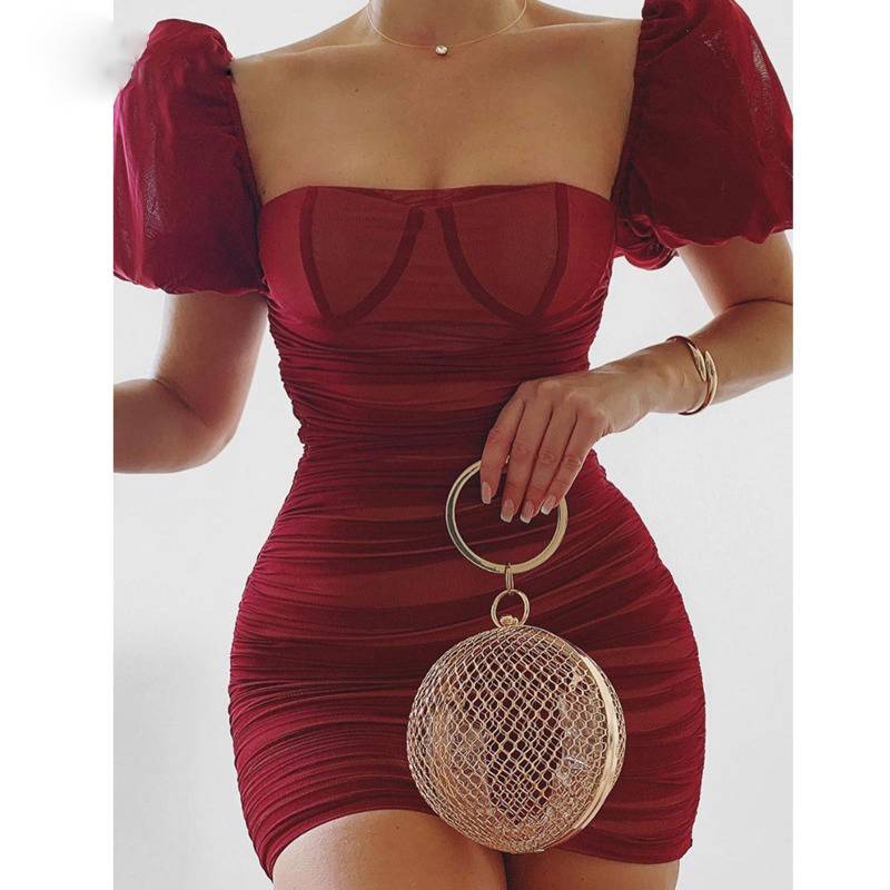 Dam Mini Klänning Fyrkantig Krage Puffärmar Polyester-4