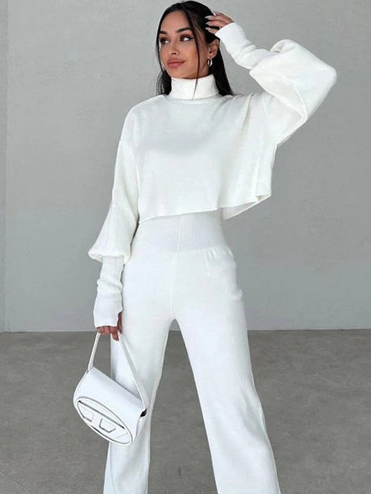 Dam Turtleneck Tröja och Byxor Set Mjuk Textil-1