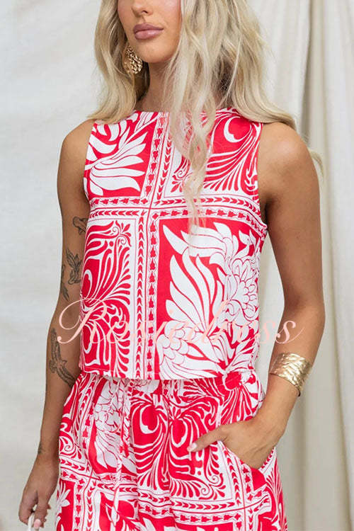 Dam Skördetopp och Tryckta Byxor med Elastisk Midja i Bomull och Polyester-4