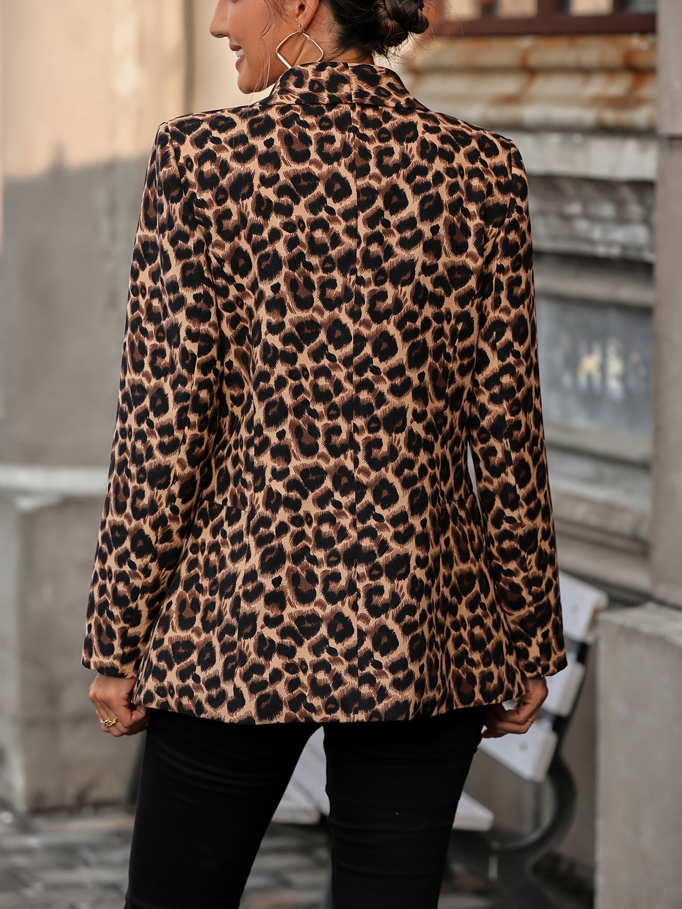 Dam Blazer Lång Leopardmönster Affärslook Kvalitativt Tyg-3