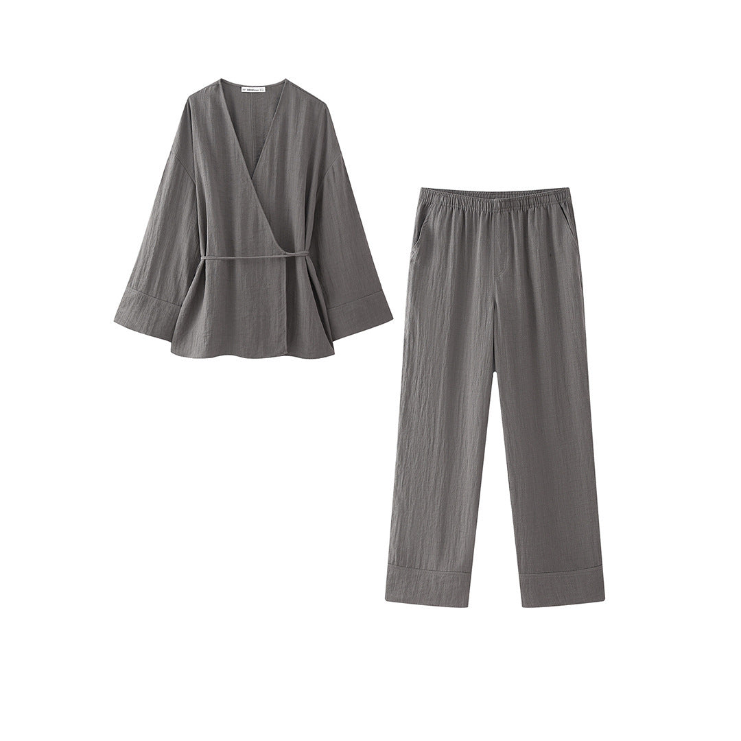 Dam Kimono Set med Avslappnad Passform och Breda Ärmar – Lätt Material, Hög Midja Byxor 13