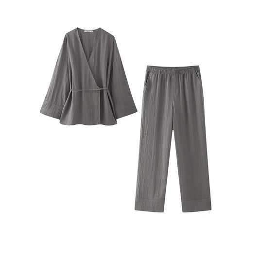Dam Set V-formad Wrap Top Vida Byxor Andningsbart Tyg-1