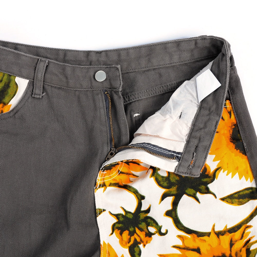 Damjeans Hög Midja Raka Blommönstrad Bomull och Polyester-6