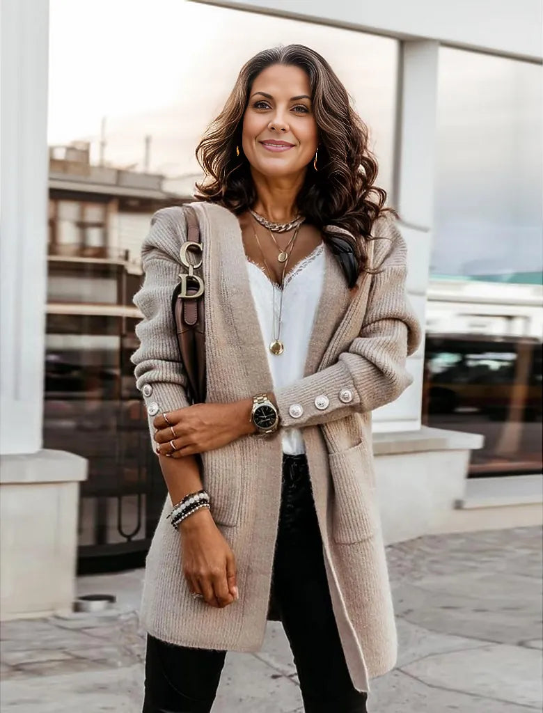 Lång Kofta Dam Stickad Mjuk Akryl med Fickor och Stora Knappar-3