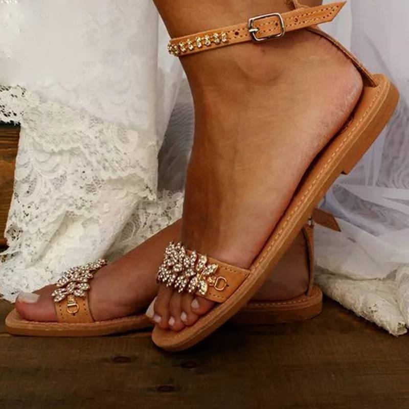 Dam Sandaler Platta PU-läder med Blommor och Strass-4