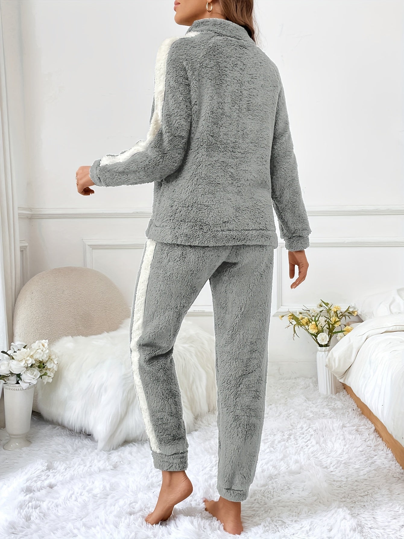 Dam Pyjamas Set Plysch Lång Zip Topp och Byxor-2