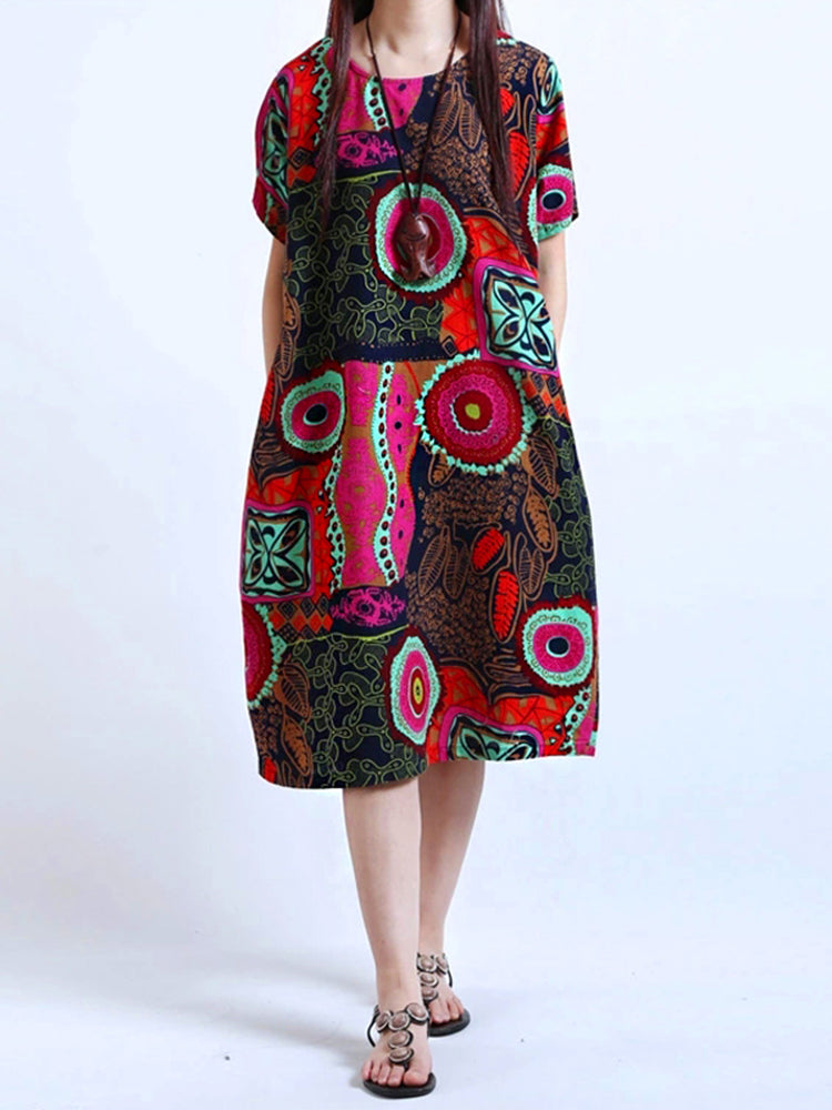 Kvinnors Kortärmad Klänning i 100% Bomull med Abstrakt Mönster och Fickor – Avslappnad Sommarstil 11