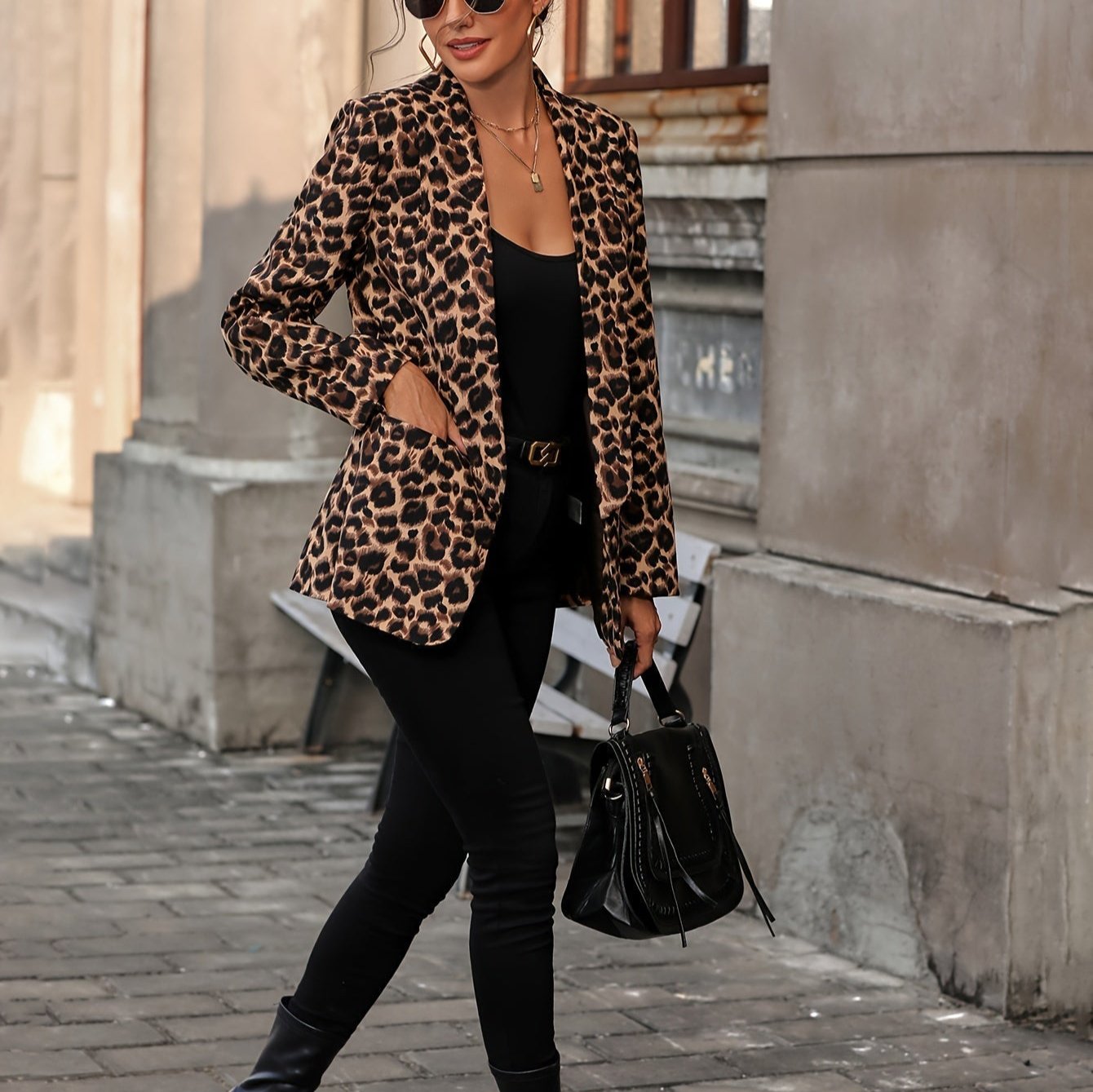 Kvinna Lång Blazer Leopardmönster Mjukt Blandat Tyg-4