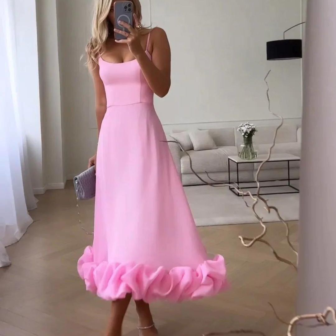 Dam Midiklänning Volangdesign Polyester Elegant Midilängd-1