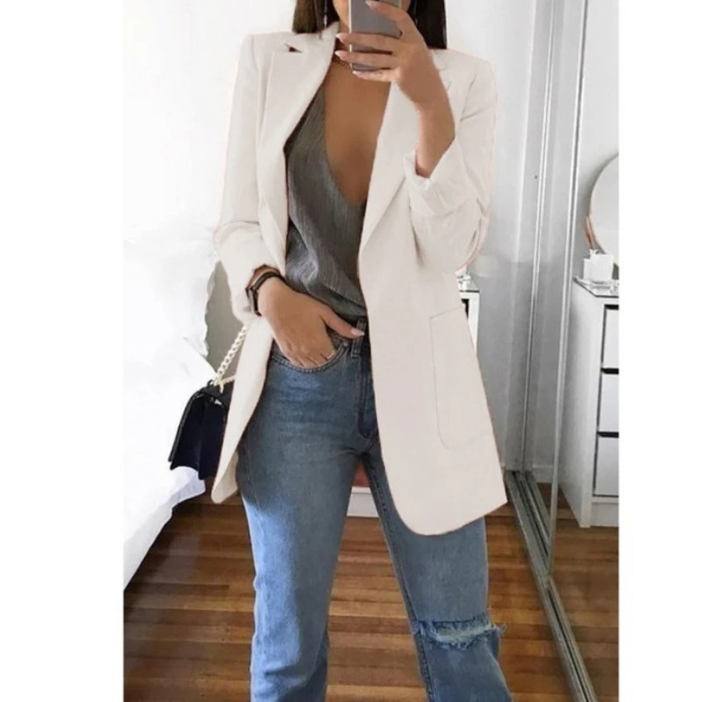 Kvinnors Lång Blazer Elegant Andningsbart Tyg-5