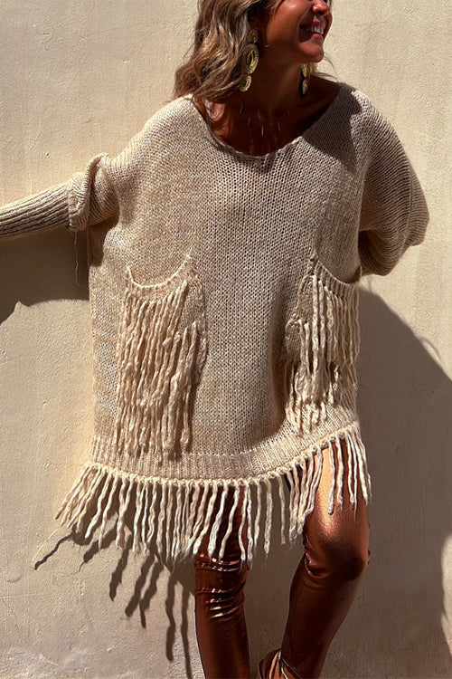 Dam Tröja Dolmanärm med Fickor och Avtagbara Tofsar i Bomull och Polyester-5