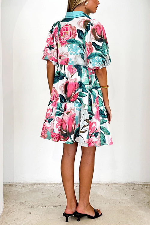 Kvinna Mini Klänning Blommönster Rüschchen Bomull Polyester-5