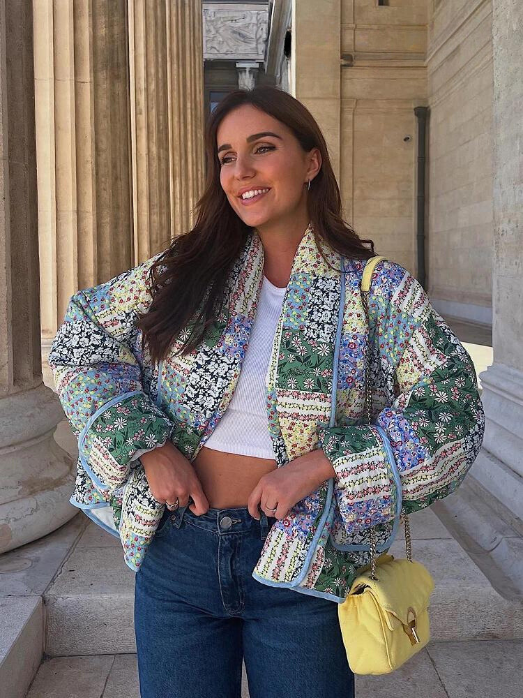 Dam Blazer Vintage Blommönster Högkvalitativt Tyg-3