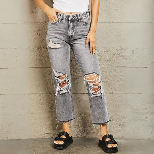 Dam Jeans med Hög Midja, Raka Ben och Trendy Acidtvätt – 98% Bomull 1