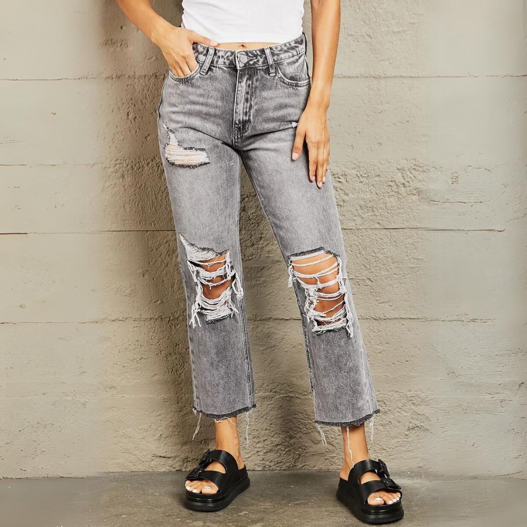 Dam Jeans med Hög Midja, Raka Ben och Trendy Acidtvätt – 98% Bomull 5