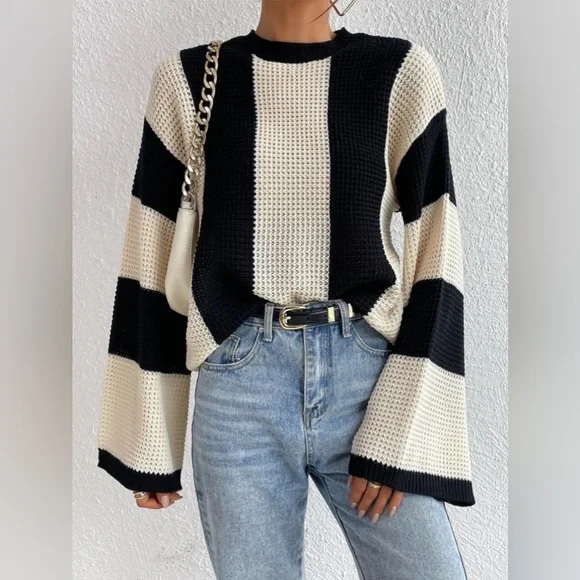 Stickad Dam Tröja Turtleneck Randig Mjukt Material-6