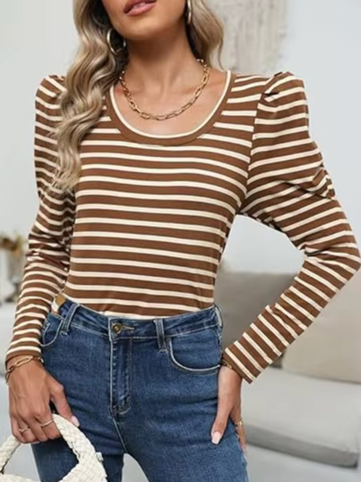 Dam Blus Puffärmar Randig O-hals 100% Bomull-5