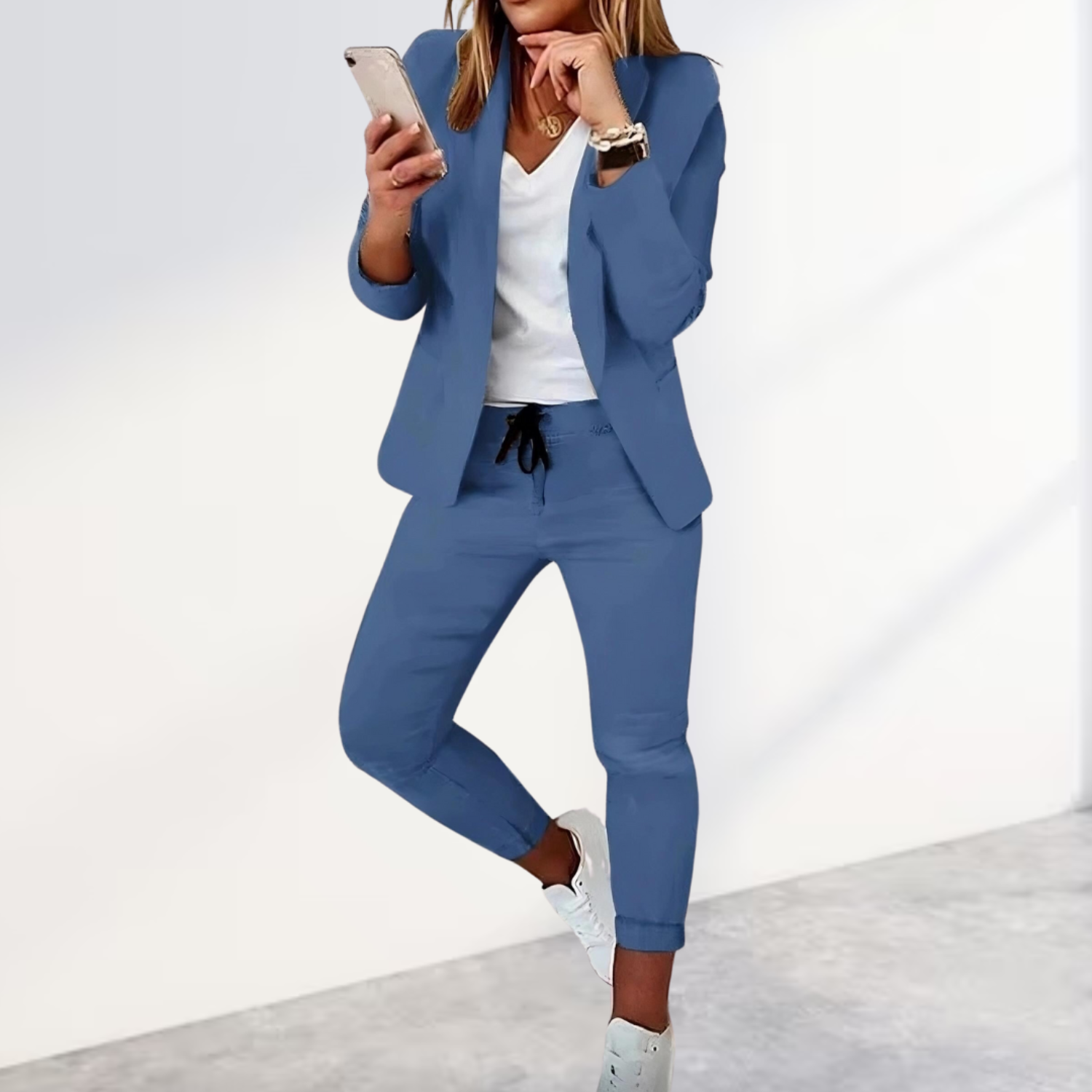 Kostym Set Dam Elegant Blandat Tyg Blazer och Byxor 8