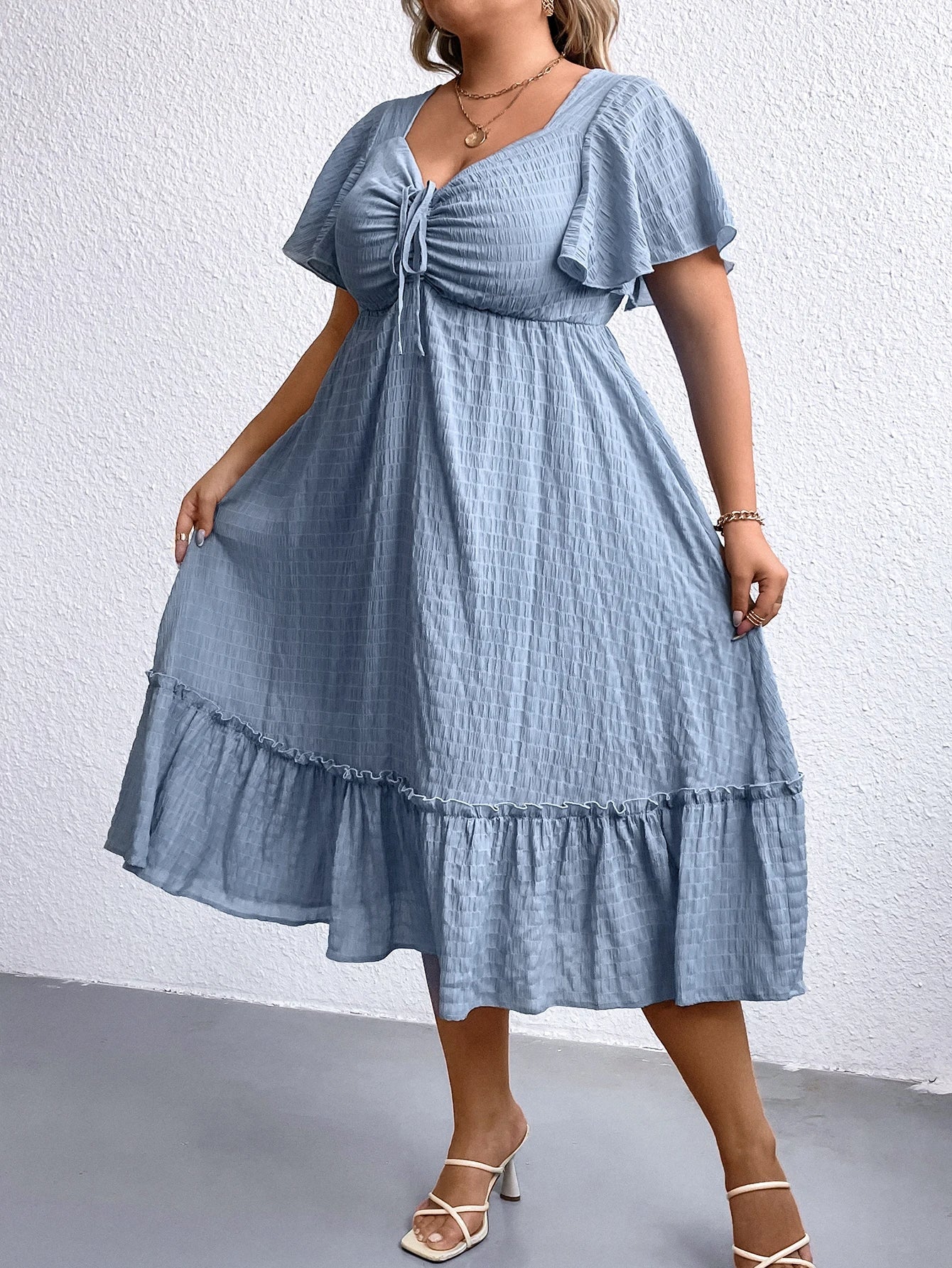 Damklänning Sommarklänning med Hjärtformad Halsringning och Vingärmar i Polyester-5