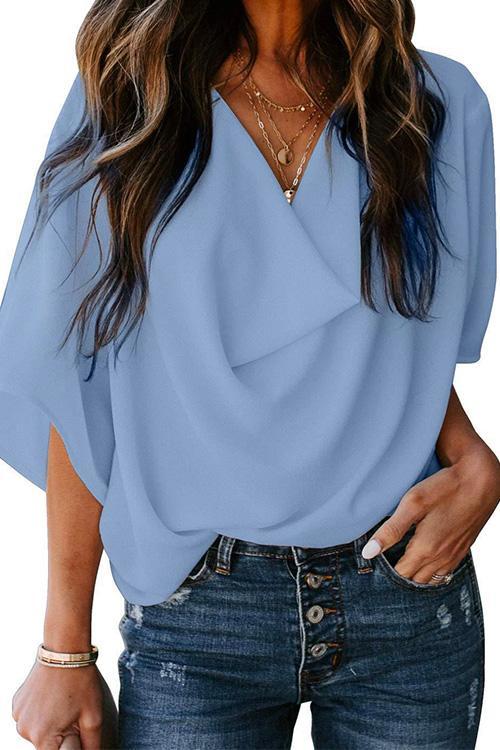 Dam Blus Draperad Chiffon Korta Ärmar-1