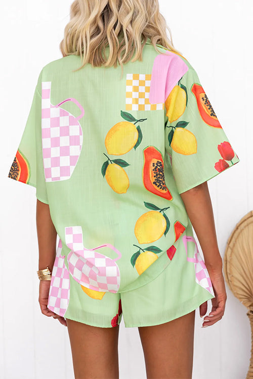 Dam Blus och Shorts Set med Tryck och Knäppning i Bomull och Polyester-5