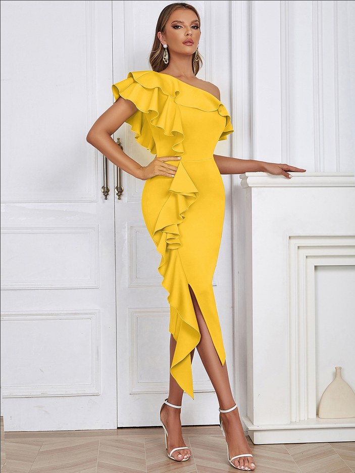 Midiklänning Dam med Asymmetrisk Design och Ruffle Krage - Solig Gul, Figur-Huggande Passform, 100% Polyester 6