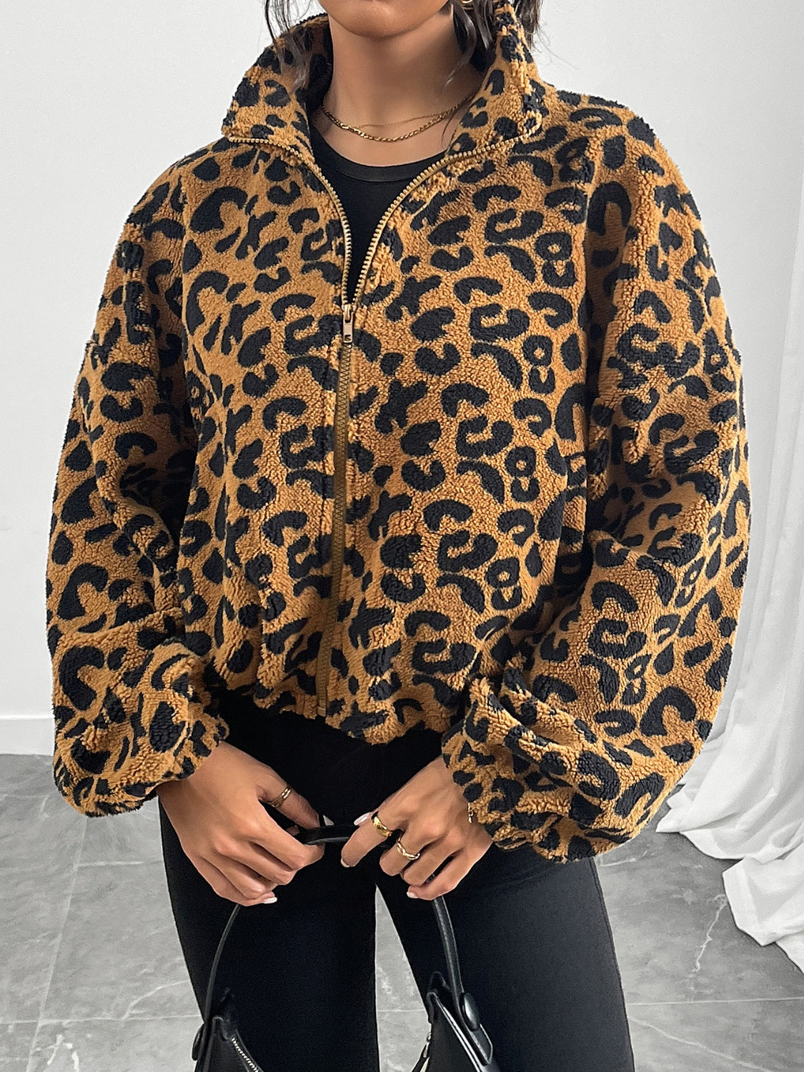 Damjacka Leopardtryck Zip-Up Lätt Tygblandning-1