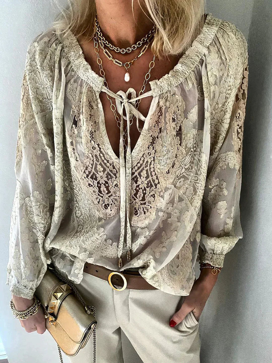 Vit Dam Blus med Spetsdetaljer Polyester Elegant Stil-2