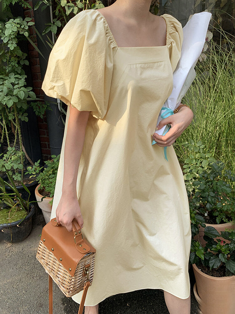 Kvinnors Midi Klänning Puffärmar Bomullsblandning-5