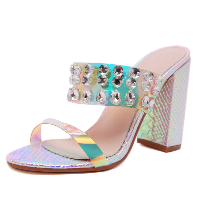 Dam Sandal Slip-On PU Med Hologram-Snake Mönster och Rhinestones 6